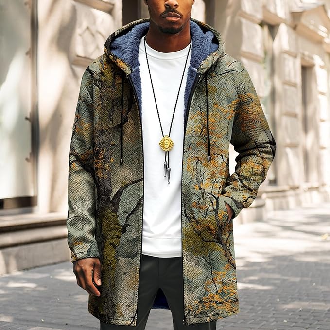 Mens Long Cardigan Hoodies Full Zip Fleece Lined Jackets Fashion Knitted Color Block Hooded Coat with Pockets