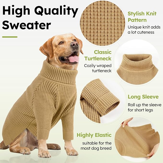 Queenmore Dog Sweater, Turtleneck Long Sleeve Knitted Dog Sweater with Check Pattern, Fall Winter Warm Pet Sweaters, Solid Pull-on Pet Sweater for Cats, Brown XS