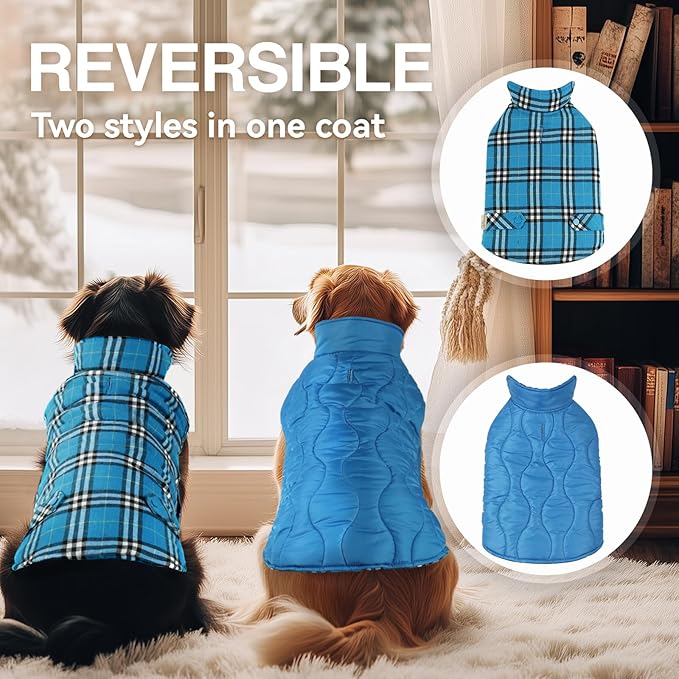VIVAGLORY Softjoy Dog Coat, Dog Jacket for Winter & Christmas, Coat with Harness Hole & Velcro Closure, Reversible Plaid Checkered Warm Fluffy Heavy Duty for Puppy, M, Blue