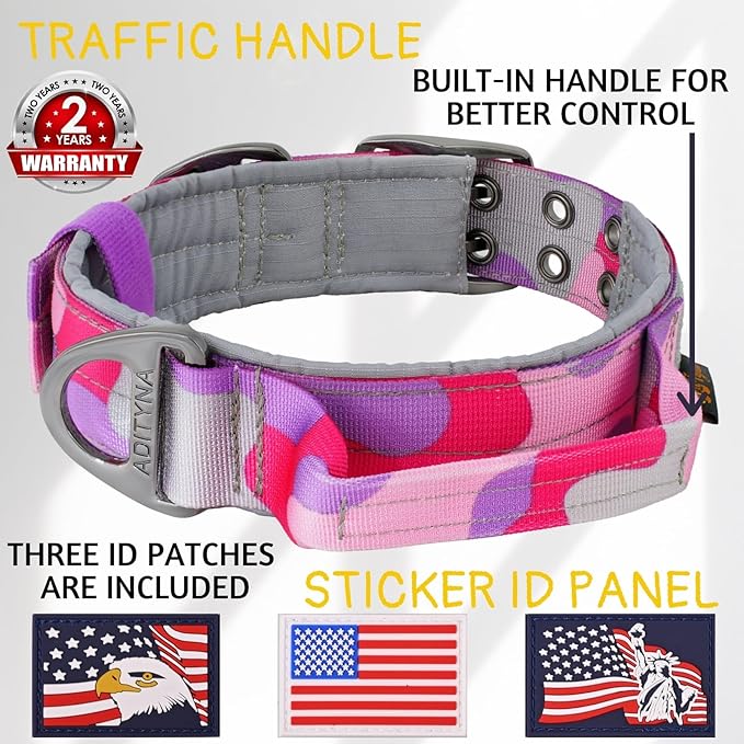 ADITYNA Heavy Duty Dog Collar for Large Dogs - Camo Pink Purple Collar with Handle for Training, and Walking - Wide, Tactical, Soft Neoprene Padded