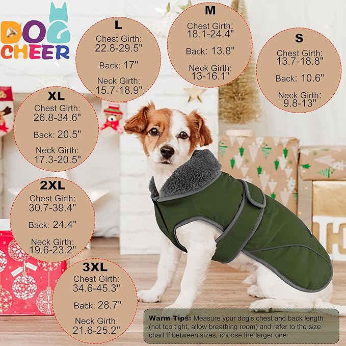 Dogcheer Dog Coat, Waterproof Dog Jacket Reflective Pet Winter Coat with Adjustable Hook & Loop, Christmas Puppy Fleece Jacket Warm Turtleneck Snowsuit for Small Medium Large Dogs - Green, M