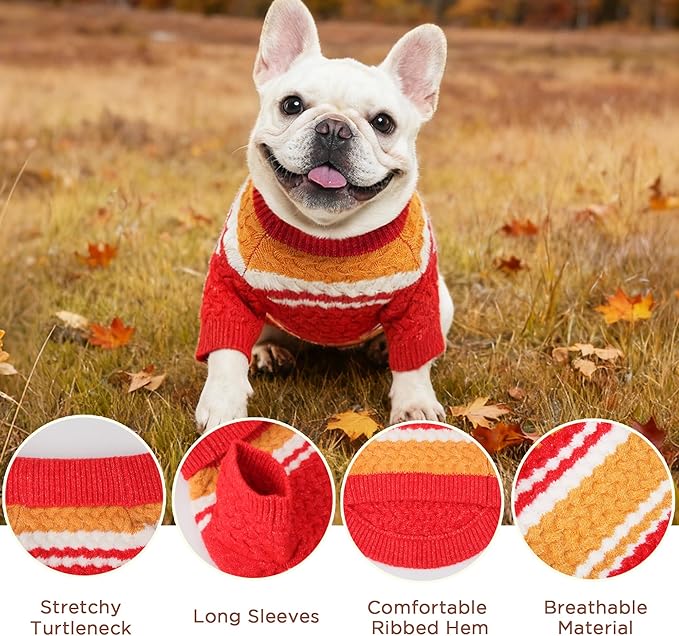 Dog Sweater for Small Medium Dogs & Cats, Classic Turtleneck Knitted Striped Pet Sweater, Warm Winter Soft Christmas Outfit for Boy & Girl Dogs, Small