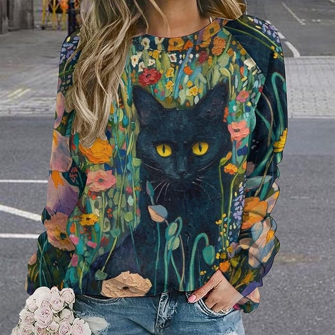 Long Sleeve Shirts for Women Cat Oil Painting Shirt 3D Graphic Sweatshirts Fall Pullover Crewneck Vintage Boho Tops