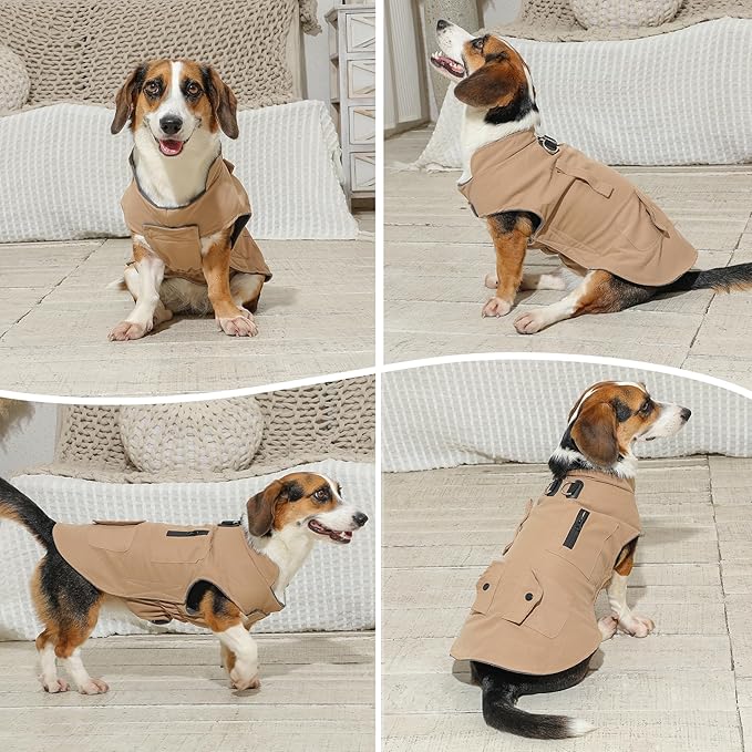 Workwear Style Dog Coats with Harness Built in for Small Dogs Windproof Warm Puppy Jacket with Storage Pockets for Cold Winter,LightBeige L
