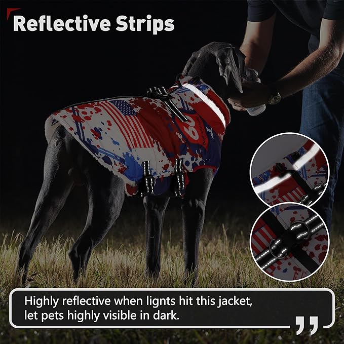 Dogcheer Dog Winter Coat, American Flag Dog Jacket with Harness, Adjustable Puppy Coat with Zipper, Waterproof Pet Fleece Jacket Snowsuit for Small Medium Large Dogs - US Flag XS
