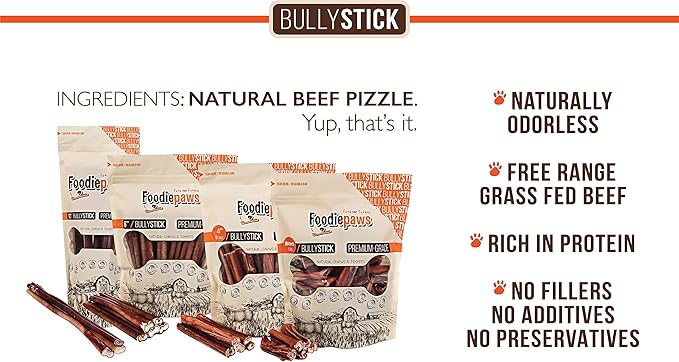 FOODIEPAWS 6 Inch Jumbo Bully Sticks for Dogs, 10 Pack | All Natural, Grass-Fed Beef | Extra Thick, Rawhide-Free & Fully Digestible Chews | Odor-Free, Long Lasting Dog Treats for Medium & Large Breeds