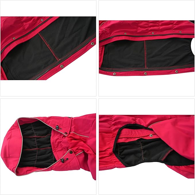 LOVELONGLONG Fleece-Lined Dog Raincoat with Removable Hood – Waterproof Winter Full Body Dog Jacket – Windproof Snowproof Cold-Weather Suit – Red-F L