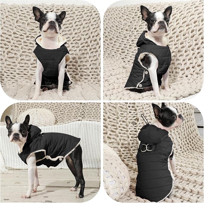 Fleece Lining Dog Hoodie with Harness Built in,Extra Warm Large Dog Jacket in Winter Doggie Coats with Drawstring Hooded,Black XXXL