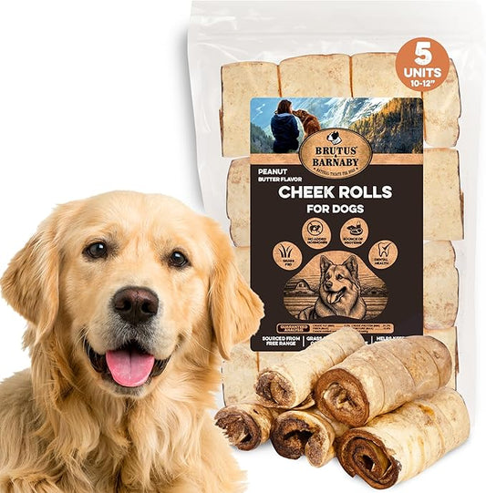 Premium Beef Cheek Rolls for Dogs 10-12" - (5-Pack), Peanut Butter Flavored Long Lasting, Safe & Natural Rawhide Alternative Chews, Ideal for Large Dogs & Aggressive Chewers, Supports Dental Health