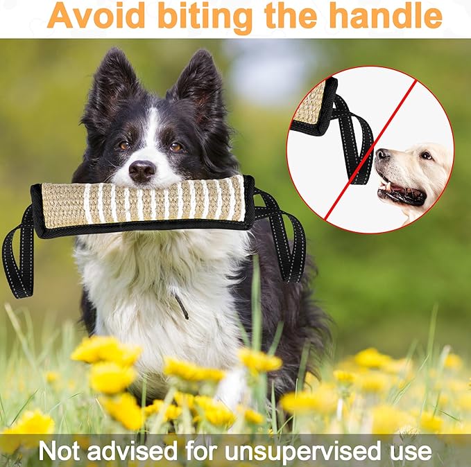 ToLanbbt Dog Tug Toy Bite Jute Pillow Pull Toy with 2 Strong Handles Perfect for Tug of War, Puppy Interactive Play, Tear Resistant Bite Training for Small Medium Large Dogs(Black-Line)
