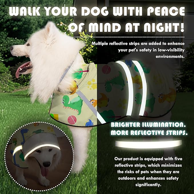 Dog Raincoat, Adjustable Rain Jacket with Hooded Double Layer for Large Medium Small Dogs Puppies, Lightweight Waterproof Rain Coat Poncho with Reflective Stripe Dinosaurs Yellow,XXL