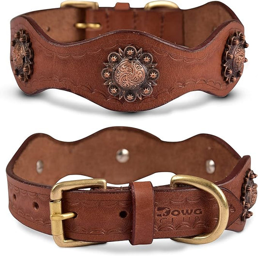 | Genuine Leather Collar with Scalloped Edges | Hand Tooled, Hand Carved, Full Grain, Heavy Duty | Comfortable, Strong (Large (Fit Neck Size 18.5"-22.5"), Brown-Scalloped Edges)