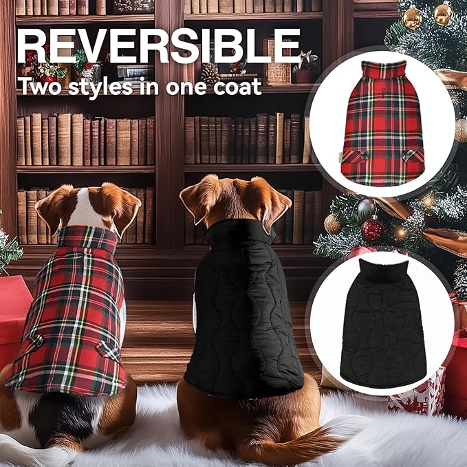VIVAGLORY Softjoy Dog Coat, Dog Jacket for Winter & Christmas, Coat with Harness Hole & Velcro Closure, Reversible Plaid Checkered Warm Fluffy Heavy Duty for Puppy, M, Red