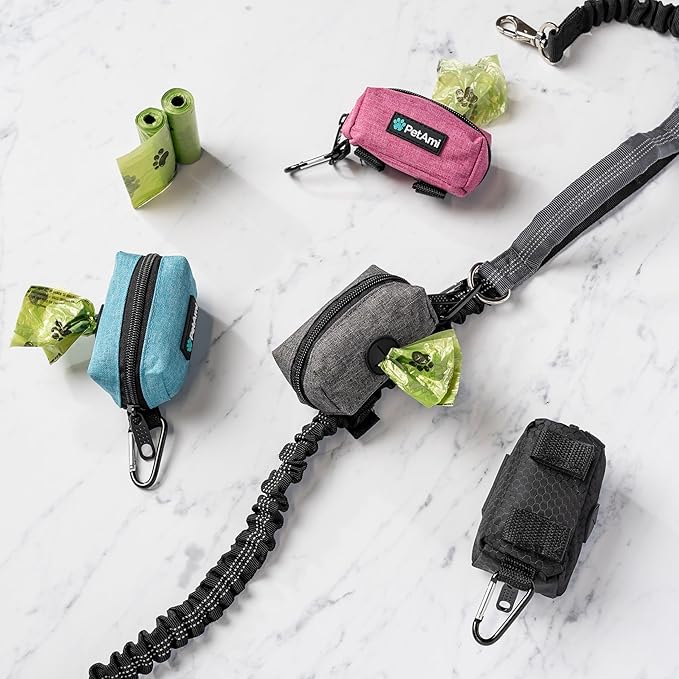 PetAmi Dog Poop Bag Holder for Leash Attachment, Doggie Zipper Pouch Soft Fabric Poop Bag Carrier, Dog Pet Waste Bag Dispenser with Carabiner Clip, 1 Roll of Dog Trash Bag (Pink, 1 Pack)