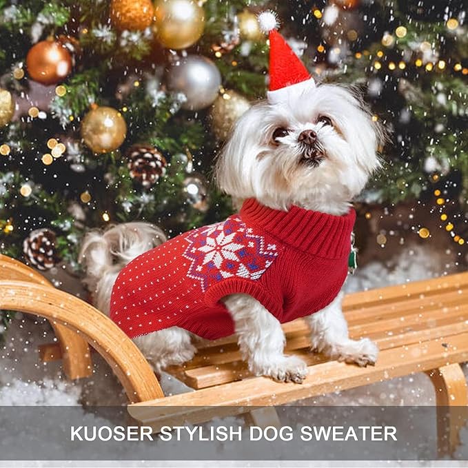 Kuoser Dog Sweater, Holiday Christmas Snowflake Pet Warm Knitwear Dog Sweaters Soft Puppy Clothing, Doggie Turtleneck Cold Weather Outfit Pullover for Small Medium Large Dogs Cats, Red M