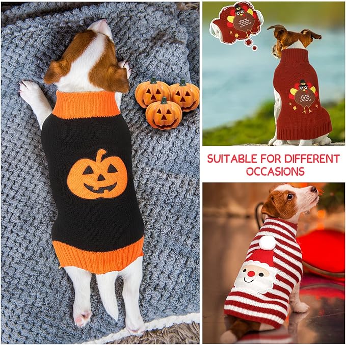 Sanwuta 3 Pieces Halloween Thanksgiving Christmas Dog Sweaters Sets Pumpkin Turkey Santa Puppy Dog Clothes Pet Knitwear for Dog Cat Pet Costume(Large)