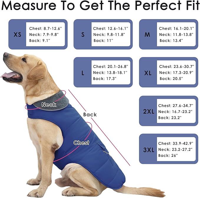 Dog Coat, Waterproof Dog Winter Jacket with Pocket, Reflective Adjustable Pet Snow Vest, Warm Cozy Fleece Sweater for Small Medium Extra Large Dogs - Blue, S
