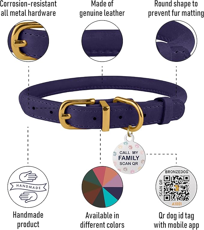 BronzeDog Rolled Leather Dog Collar with QR ID Tag, Adjustable Soft Round Collars for Small Medium Large Dogs Puppy (16" - 19" Neck Size, Violet)