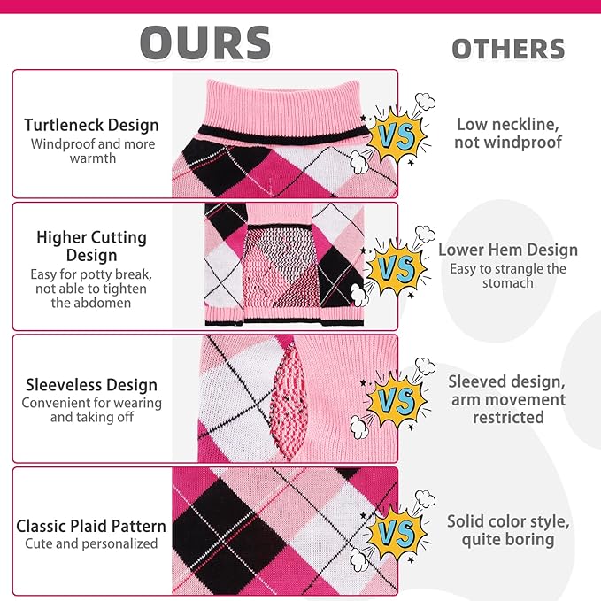 KOOLTAIL Dog Sweater Pet Knitted Clothes - Classic Plaid Pull Over Turtleneck Dog Sweaters with Leash Hole Warm Dogs Winter Clothing for Small Medium Dogs Cats Puppy M