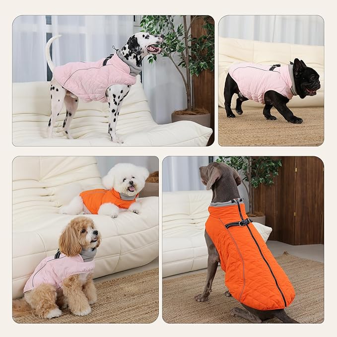 Dog Coat with Harness Built in -Orange,XL- Fleece Lined Dog Snow Jacket Snowsuit，Adjustable Reflective Winter Warm Cold Weather Coat