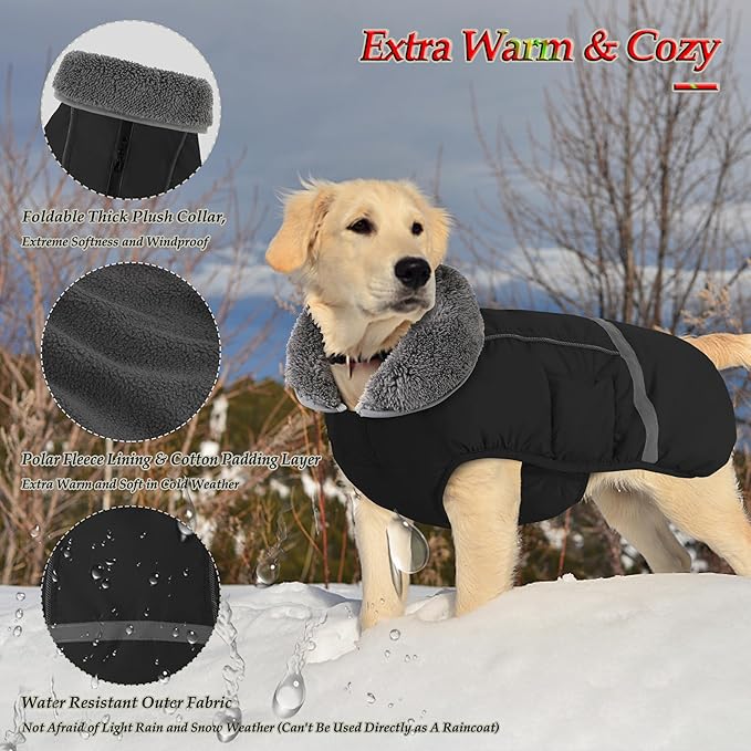 Dogcheer Warm Dog Coat, Waterproof Dog Jacket Christmas Puppy Winter Coat with Buckle, Reflective Adjustable Pet Snow Jacket Turtleneck Fleece Sweater for Small Medium Large Dogs - Black, XL