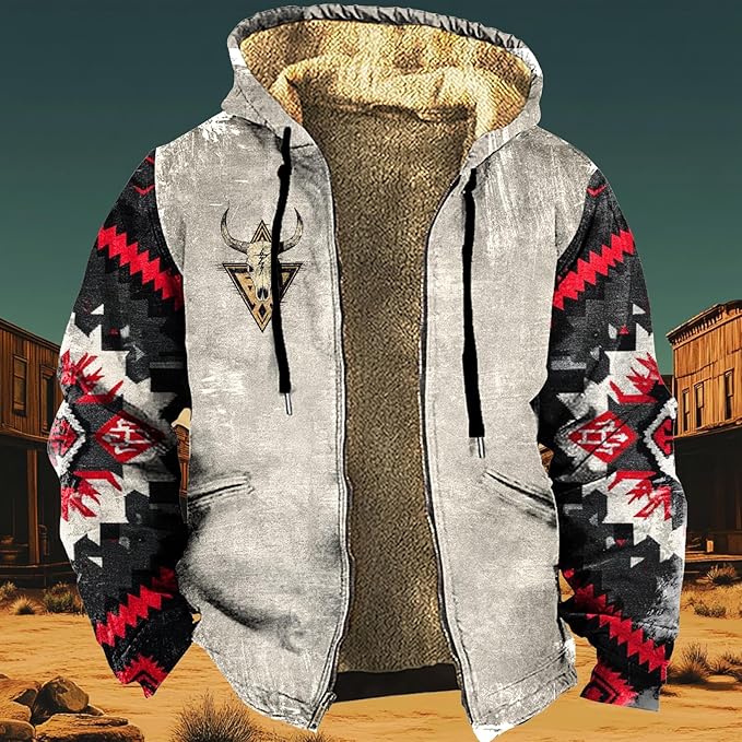 Men's Zip Up Jackets Western Style Ethnic Hoodie Hooded Vintage Long Sleeve Warm Coat Winter Outfits