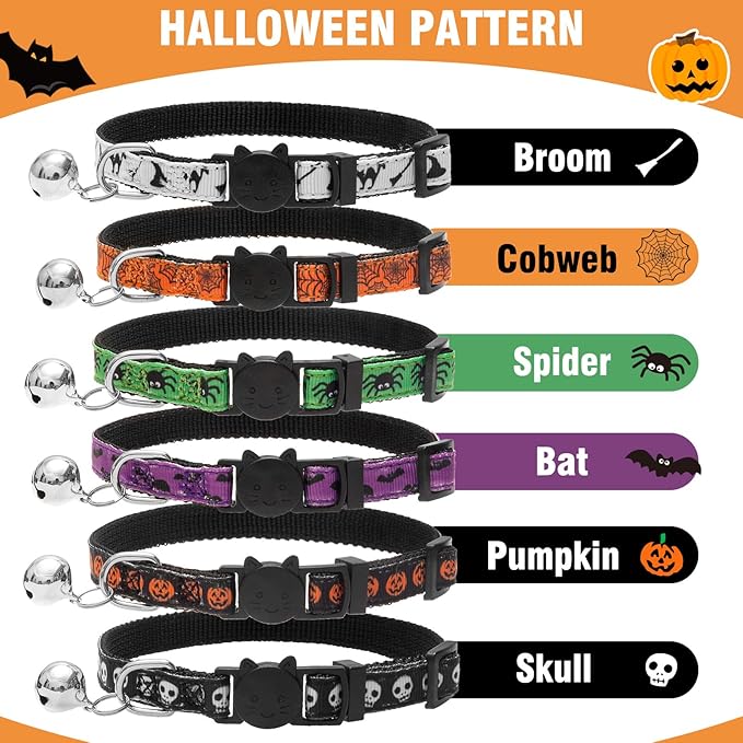 PUPTECK Halloween Cat Collar with Bell 6 Packs Breakaway - Soft Adjustable Kitten Kitty Collars for Small Pet Puppy Bunny with Safety Release Buckle