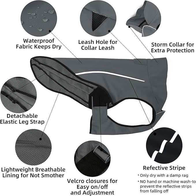 Mile High Life Dog Raincoat, Adjustable Waterproof Reflective Rain Jacket for Small Medium Large Dogs, Lightweight Breathable Pet Rain Coat with Leash Hole(Dark Gray,L Chest 32-40")