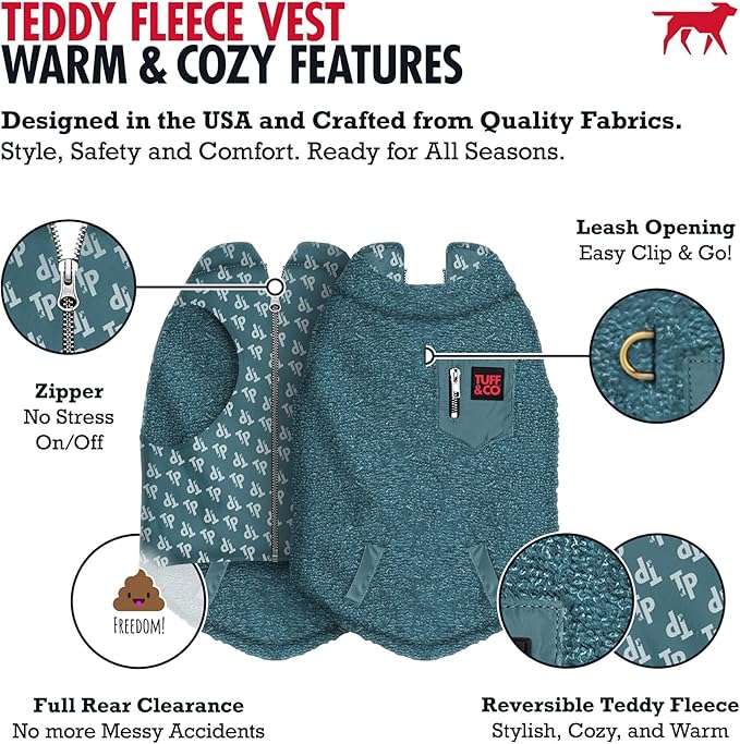 Tuff Pupper Reversible Fleece Sweater Vest for Dogs | Lightweight Comfortable Insulated Jacket | Front Zip Closure | Machine Washable | Built-in Leash Hole | Sizes for All Breeds (XXL, Teal)