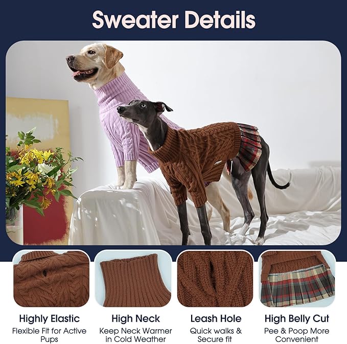 IECOii Girl Dog Sweater Dress - Cable Knit Dog Sweater for Small Dogs Girl - Caramel,Medium, Turtleneck Pullover Sweaters with Tartan Plaid Skirt, Adorable Warm Dog Knitted Dress for Christmas