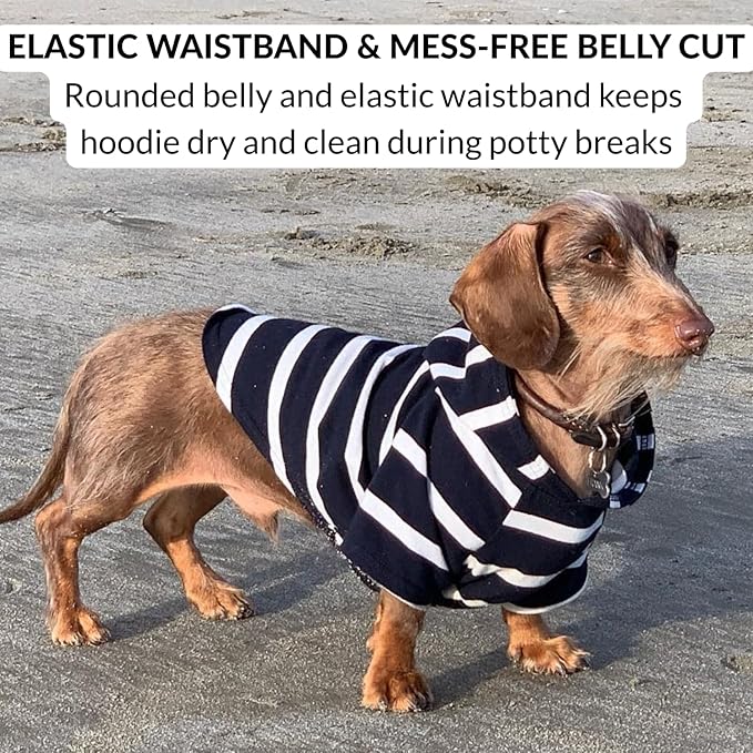 DJANGO Dog Hoodie – Warm, Lightweight, Soft & Stretchy Dog Sweater with Hood, Harness Hole & Elastic Waistband – Cozy Sweatshirt for Small Dogs up to 25 lbs, Dachshunds & Puppies – Navy Blue, Medium