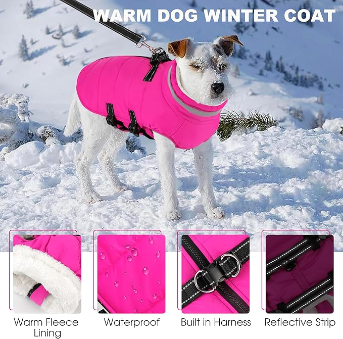 Medium Dog Coat with Harness Built-in, Waterproof Reflective Fleece Lined - Warm Windproof Winter Jacket with Back Zipper, Cold Weather Snow Dog Coats - Pink - M