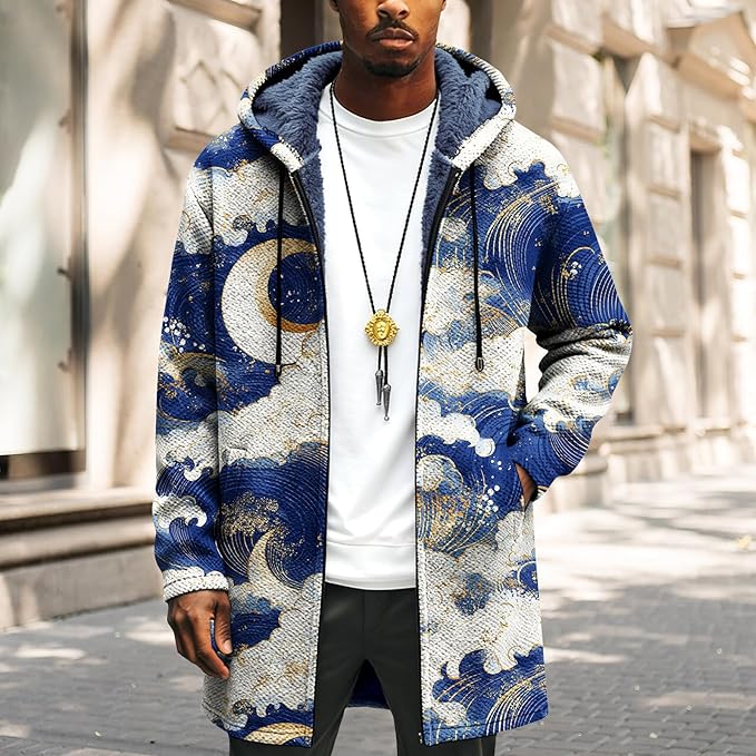 Mens Long Cardigan Hoodies Full Zip Fleece Lined Jackets Fashion Knitted Color Block Hooded Coat with Pockets