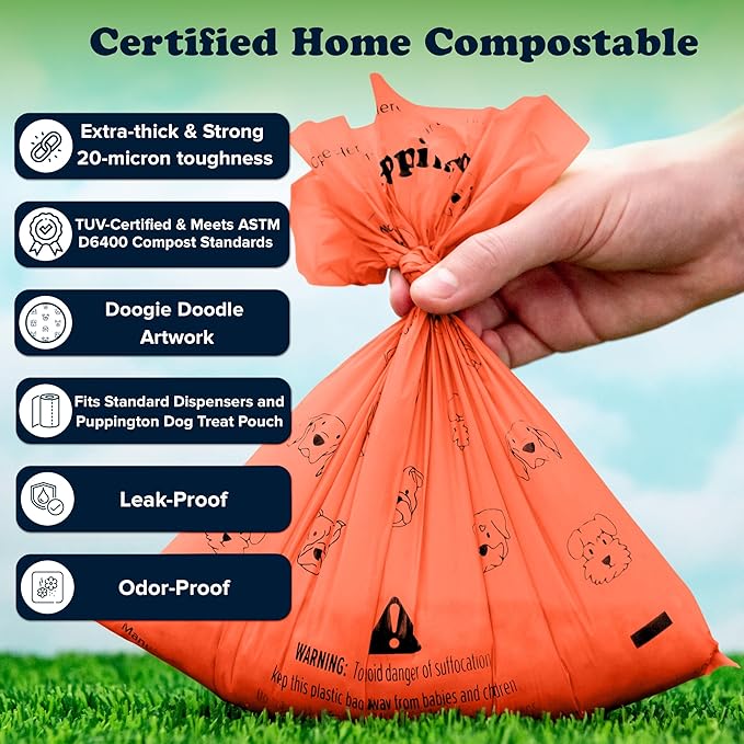 Puppington Certified Home Compostable Poop Bags - ASTM D6400 Compliant - 180 Extra Thick Bags - Plant Based - Pairs with Puppington 3-in-1 Bag & Fits all Standard Poop Bag Dispensers (Poppy Orange)