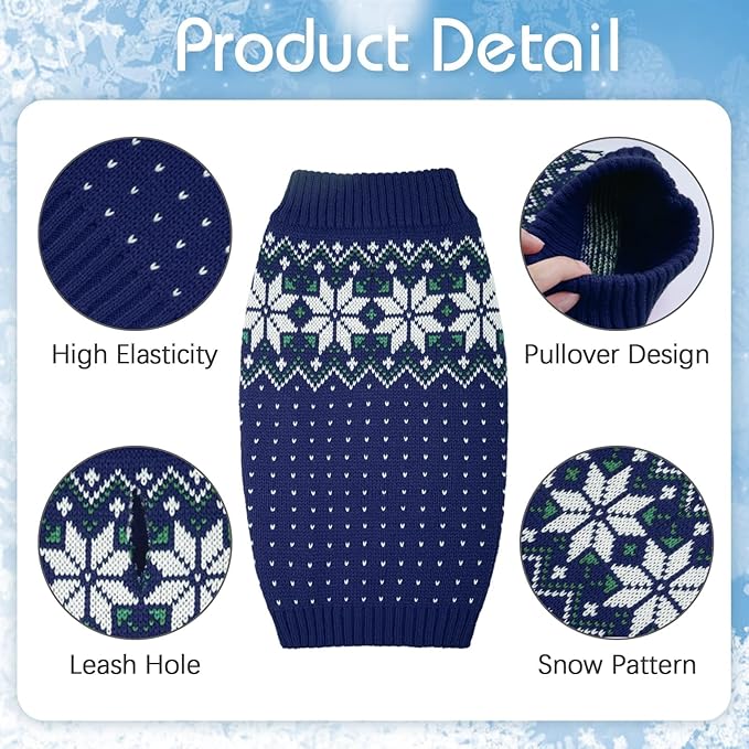 Kuoser Dog Sweater, Holiday Christmas Snowflake Pet Warm Knitwear Dog Sweaters Soft Puppy Clothing, Doggie Turtleneck Cold Weather Outfit Pullover for Small Medium Large Dogs Cats, Blue XS