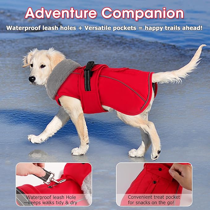 Dogcheer Dog Coat with Pocket, Waterproof Dog Jacket with Adjustable Buckle, Reflective Puppy Winter Coat Warm Turtleneck Fleece SnowJacket for Small Medium Large Dogs - Red M
