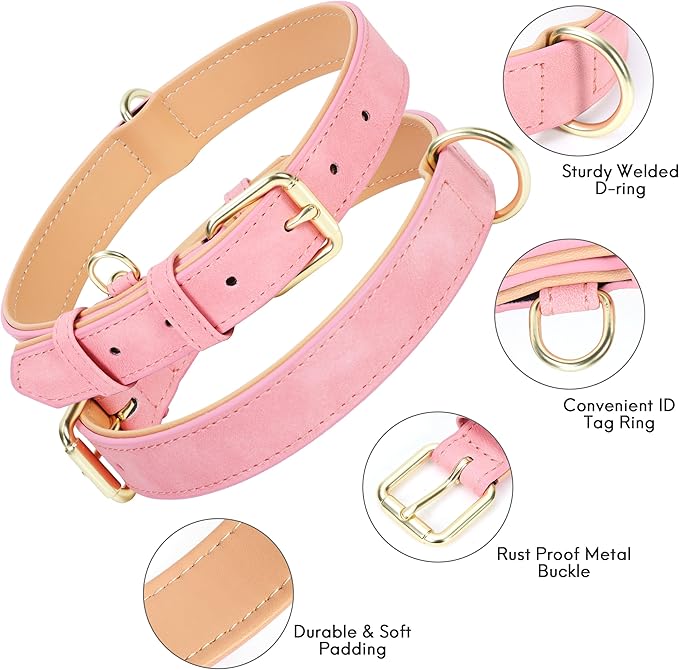 Leather Dog Collar for Small Medium Large Dogs, Soft Padded Dog Leather Collar with Heavy Duty Gold Buckle, Durable & Comfortable for Medium Dogs Daily Walking (Pink, M)