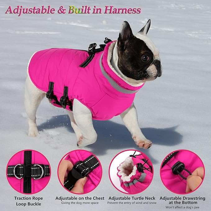 Dogcheer Dog Coat, Waterproof Dog Jacket with Harness, Reflective Adjustable Puppy Winter Coat with Zipper, Christmas Snow Jacket Clothes for Small Medium Large Dogs - Pink 3XL