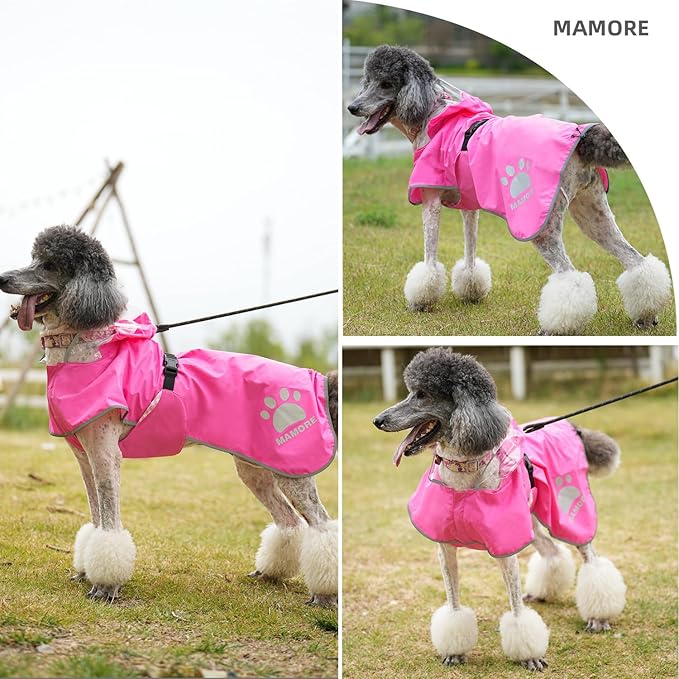 MAMORE Dog Raincoat Hooded Rain Jacket for Small Medium Large Dogs Slicker Poncho Bottom Waterproof Adjustable Reflective Breathable Leash Hole (Pink, Small)