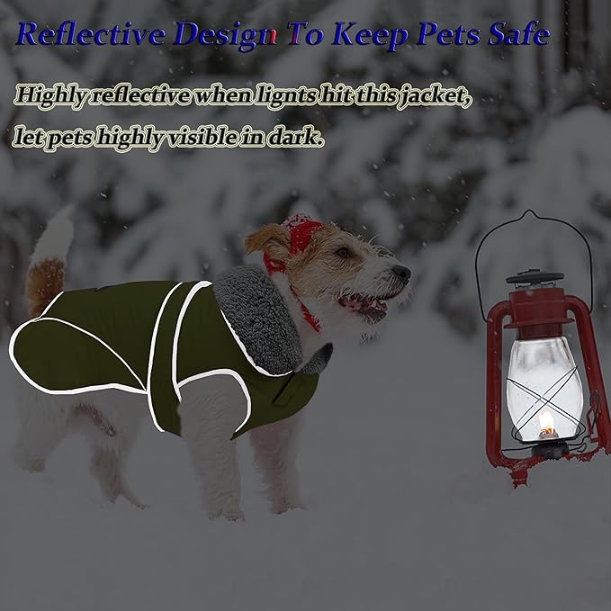 Dogcheer Dog Coat, Waterproof Dog Jacket Reflective Pet Winter Coat with Adjustable Hook & Loop, Christmas Puppy Fleece Jacket Warm Turtleneck Snowsuit for Small Medium Large Dogs - Green, L