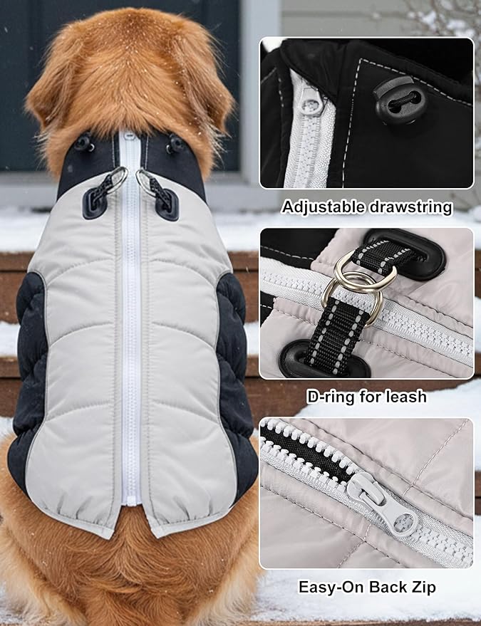 AURUZA Dog Coat, Warm Dog Winter Coat Waterproof Small Dogs Jacket with Harness Built Reflective Pet Vest with Zipper for Medium Dogs Windproof Pet Fleece Vest Snow Jacket for Cold Weather（Black,3XL）