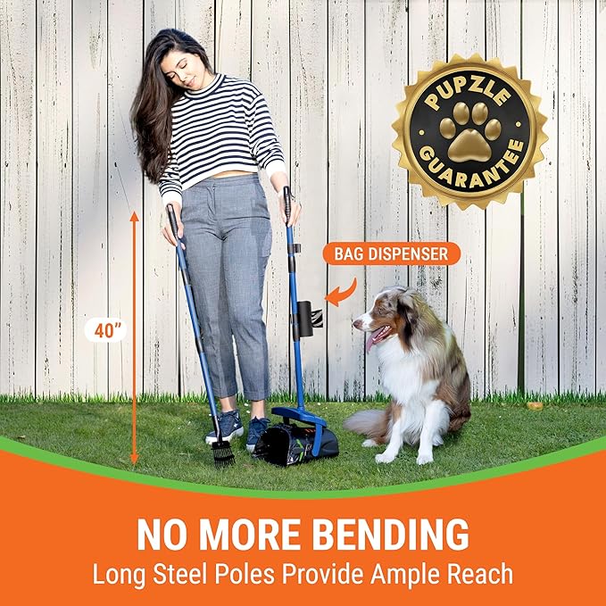 Pupzle Dog Pooper Scooper with Bag Attachment, 40" Long Handle Pooper Scooper for Large Dogs, Dog Poop Scoop for Yard, Large Capacity Swivel Bin and Rake, Lavender Scented Bags (Blue)