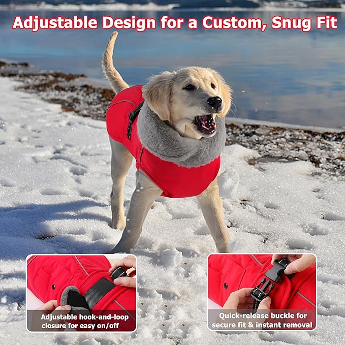 Dogcheer Dog Coat with Pocket, Waterproof Dog Jacket with Adjustable Buckle, Reflective Puppy Winter Coat Warm Turtleneck Fleece SnowJacket for Small Medium Large Dogs - Red M