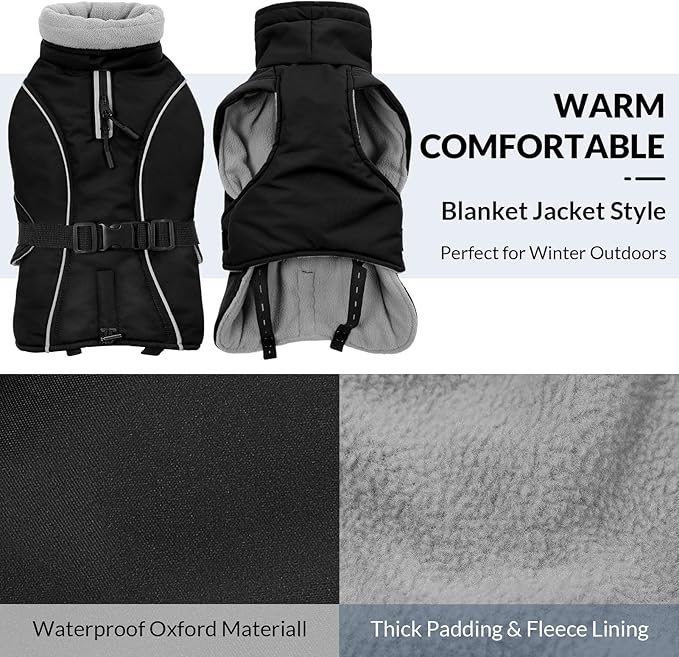 Queenmore Winter Dog Coat Warm Dog Jacket Vest Waterproof Puffer Fleece Snowsuit Adjustable Buckle Leash Hole Reflective Cold Weather Parka for Small Medium Large Dogs Girl Boy Black S