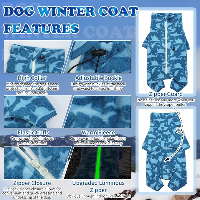 ROZKITCH Dog Shark Fleee Pajamas, Pet Windproof Warm Cold Weather Jacket Vest with Luminous Zipper, Jumpsuit Apparel Outfit Clothes for Small Medium Large Dog Shark S