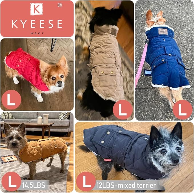 KYEESE Dog Coat Waterproof Dogs Jacket with Fleece Lined Windproof Dog Coats for Small Dogs Thick Cat Clothes with Pocket Soft Pet Sweater for Cold Weather Warm Pet Winter Puffer Coat with Leash Hole