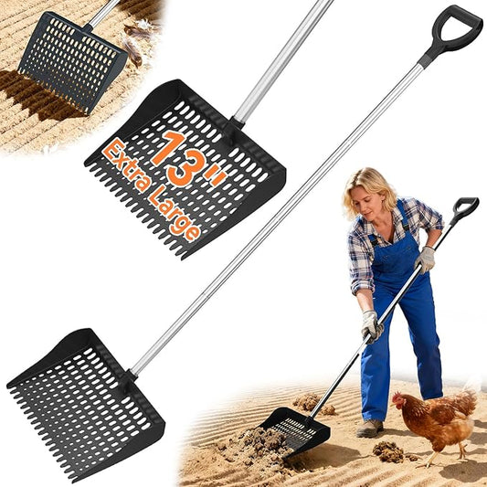 Chicken Poop Scooper & Rake 2-in-1, Pooper Scooper with 13in Wider PP Head & Adjustable Stainless Steel Handle, 33''-69'' Sand Sifting Shovel Litter Scooper for Chicken Coop/Small Farm Animals, Black