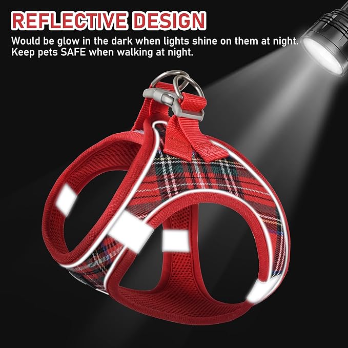 GAMUDA Small Dog Harness Collar and Leash Set, Step in No Chock No Pull Soft Mesh Adjustable Dog Vest Harnesses Plaid Reflective for Dogs Puppy Cats Kitten Rabbit (Red, XL)