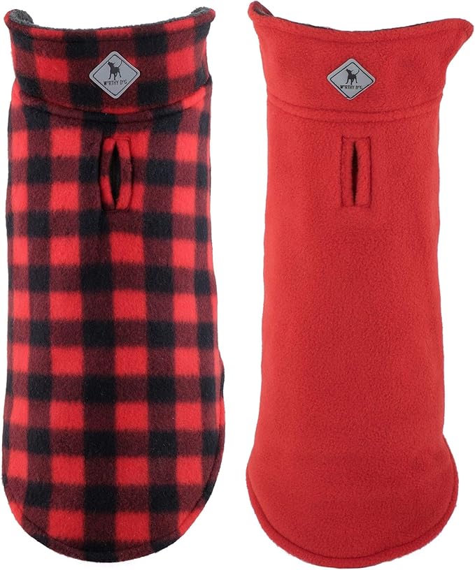 The Worthy Dog Fargo Fleece Check Dog Jacket, Adjustable Reversible with Harness Hole, Wind-Resistant, Winter Outdoor Clothes for Pets, Red - 14''