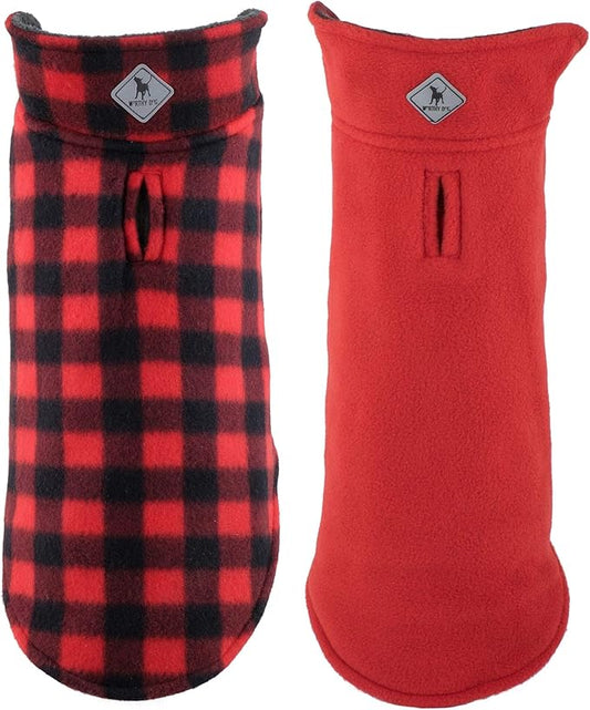 The Worthy Dog Fargo Fleece Buffalo Dog Jacket, Adjustable Reversible with Harness Hole, Wind-Resistant, Winter Outdoor Clothes for Pets, Red - 28''